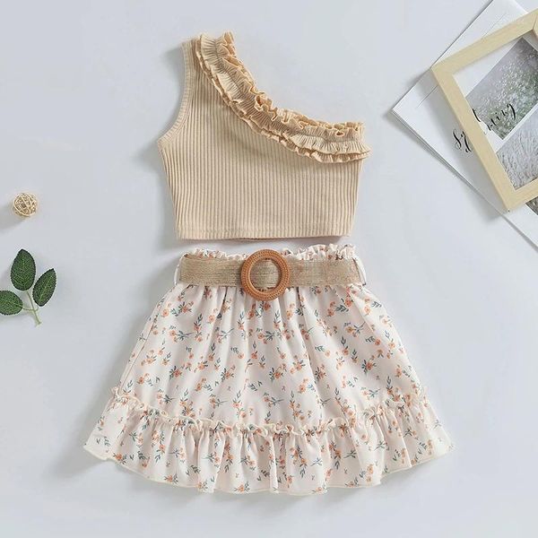 Kleidungssets 1-6 Jahre Kinder Baby Girl Sommer Kleidung Set ein Schulter Rippen Tanktops Elastischer Rüschenblumenrock mit Gürtel Mädchen Outfits