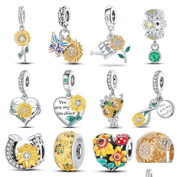 Argento 925 sterling sier fit pandoras incantesimi perle braccialetti fascino di moda dorato girasoli per la consegna del cuore gioielli dhqtp