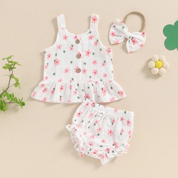 Kleidungsstücke Sets Säugling Baby Mädchen Sommerkleidung Baumwollwäsche florale ärmellose Ruffle Tanktops Shorts Stirnband 3pcs Outfits Set Set