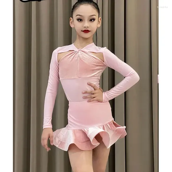 Vestido de treinamento de dança latina em conjunto de roupas 2024 Autumn e Winter Children's Gentle Pink Sleeved Suit