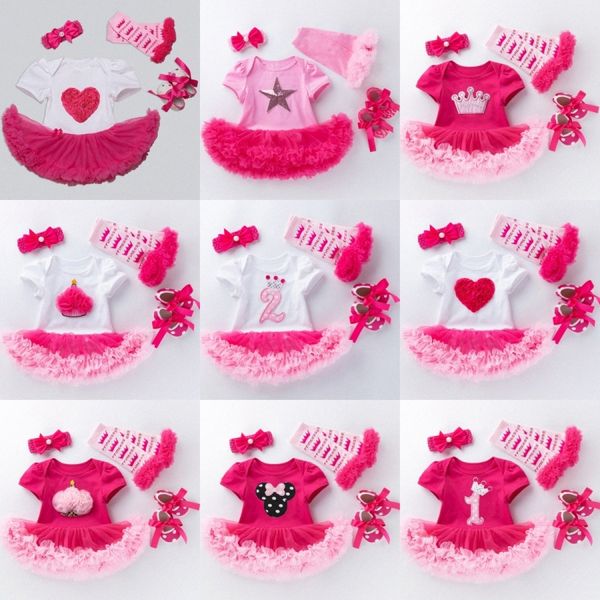 Conjuntos de roupas de bebê bebês macacões macacões garotas Roupas de crianças vestidos de rosa rosa de mangas curtas Rosa 4 peças roupas de pé primeiro sapatos de caminhada 78hd#