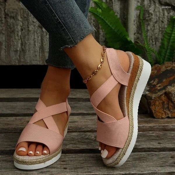 Kleiderschuhe Keile Mid Heel Moderne Sandalen Elastizität Band Solid Women's on Sale 2024 Mode flacher Erwachsener