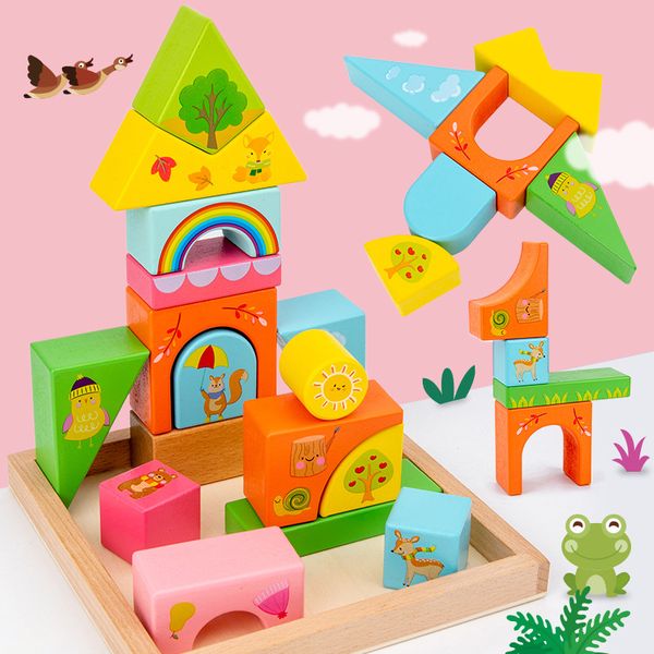 Bloco de construção educacional de madeira de cor de madeira Set Toys Toys Shapes geométricas criativas de empilhamento de jogos Kids Wooden Scene Building Toys