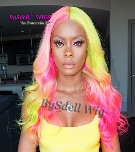 Longa pastel arco -íris peruca sintética arco -íris cor rosa fluorescente ombre verde ombre renda frontal peruca sereia de cosplay wigs55586667