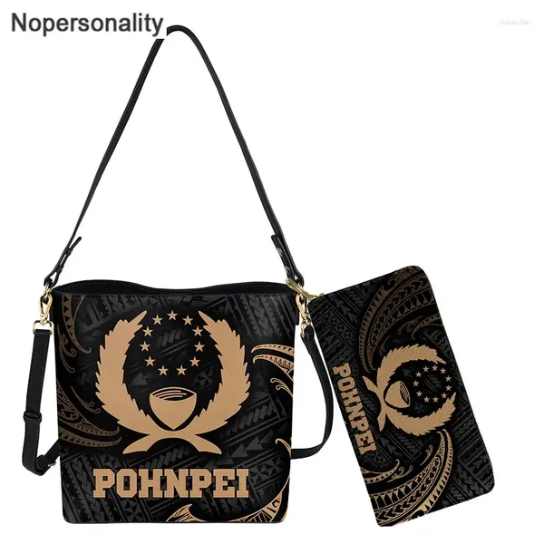 Bag Nopersonalität Fashion 2pcs Set Women Bucket und Geldbörse Pohnpei Polynesian Stammesdruck Lady PU Leder Schultersack Totes
