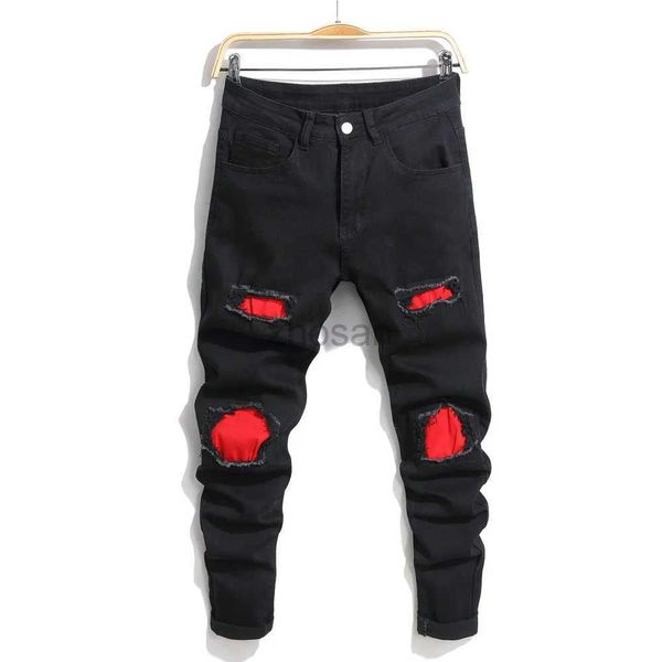 Мужские джинсы модные отверстия для патчей растягиваемые узкие мужские брюки черные расстроенные мужские хлопковые повседневные джинсовые штаны D240417