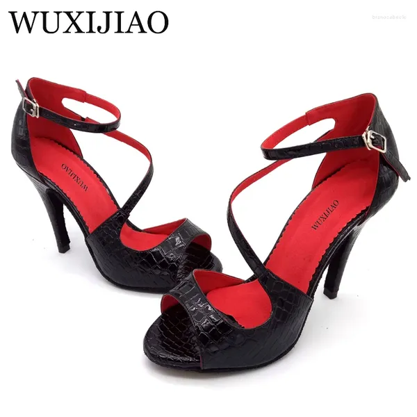 Dance Shoes Wuxijiao 2024 Red Black Crocodile Texture Pu Women's High Heel Sandals Sandals Salsa Party Performance