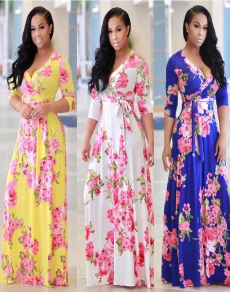 2018 Mulheres vestem vestidos longos mais baratos de verão casual vestido maxi bohemian f358 moda floral impressão profunda v pescoço6263407