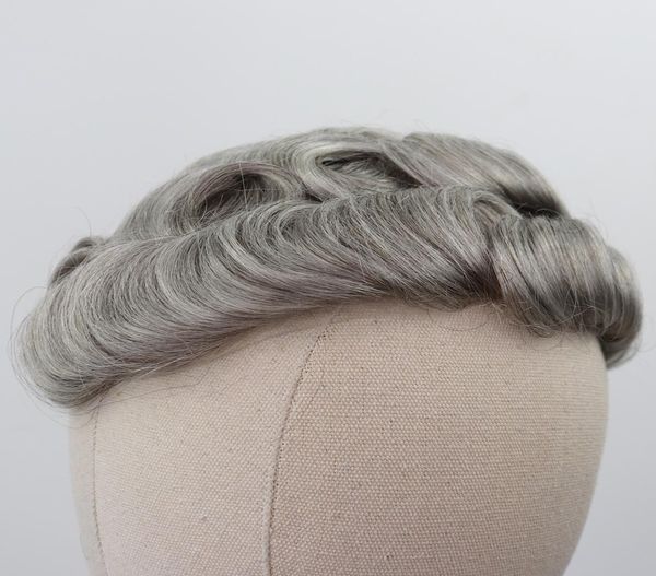 Skin Toupee Grey Hair Uomini 012014 mm Cinza Toupee Capelli dall'aspetto naturale Poly Base Human Hair Wigs1444054