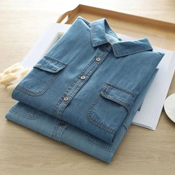 Blouses femininas Mori Kei roupas camisas de jeans vintage de algodão e tendência de roupas jovens de manga longa Jean