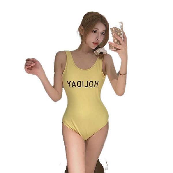 NOVO COREANO SEXY MODA MULHERES sem mangas letra amarela de neon imprimir uma peça sem nas costas Desinger dessinger roupas de banho de banho Bathing Smlxl