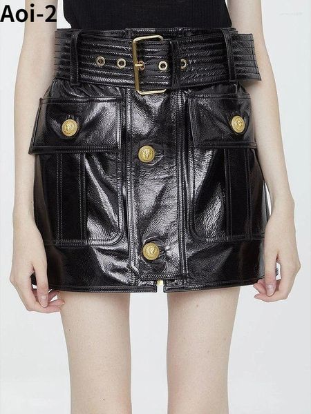 Юбки мода сексуальная черная юбка уличная одежда для женской осень 2024 Высококачественный яркий патентный кожаный стройный платье A-Line с широким поясом