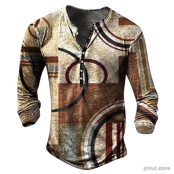 T-shirt maschile Maglietta da uomo vintage imitazione tea di cotone geometico Linea geometica 3D Shirt a manica lunga Henley Top Oversize Abbigliamento da uomo Pullover