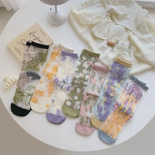 Frauen Socken frisch florale Sommer Korean Retro Ultra-dünne Blume transparente Kristallseide für Mädchenstrumpfchen