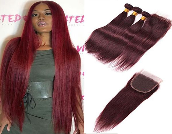 99J Borgonha brasileira de cabelo virgem com fechamento 4pcs Vinho Red Helky Human Human Hair 3 Pactles com 4x4039039 6175693