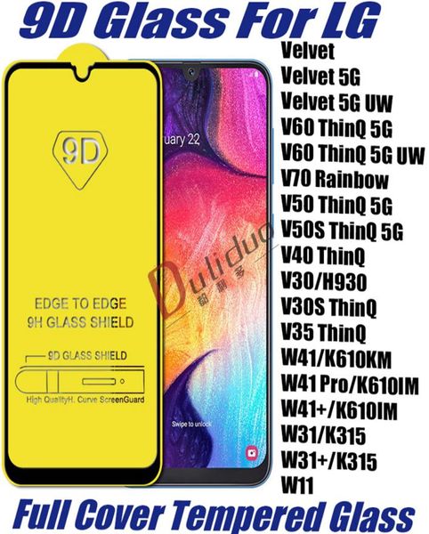 9d Vollbedeckung Temperiertes Gla -Telefon -Bildschirmschutz für LG V60 Thinq 5G UW V70 Rainbow W41Pro Plus W31 W11 Velvet6394855