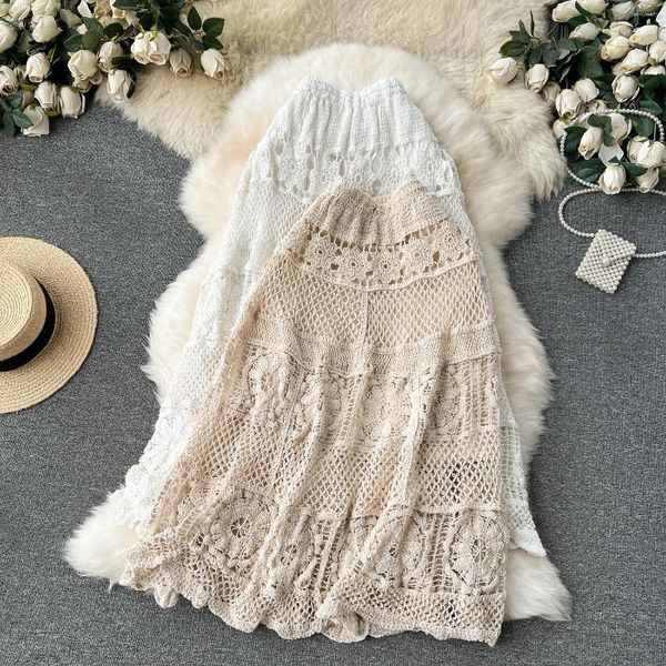 Saias saia feminina Hollow Out Meio-Calf A-Line Holiday Beach Holiday 2024 Retro Crochet estilo coreano Boho Cloth Drop