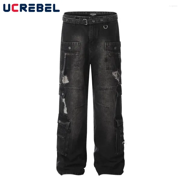 Pocket per jeans maschile strappato con maschi a cinghia lavati in bianco etero gamba dritta pantaloni di jeans sciolti