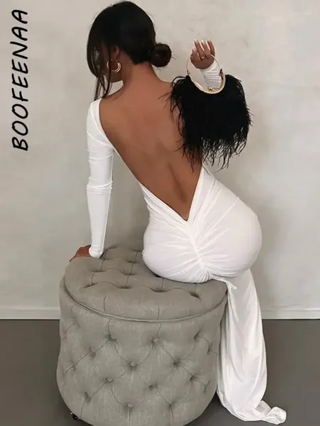 Lässige Kleider Boofeenaa Plissee offener Rücken Langarm Maxi Kleid für Geburtstag Frauen Schwarz weiß eleganter Abendkleid Party C15-BI37