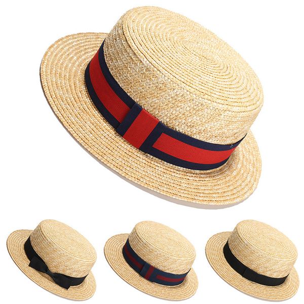 Cappello naturale della paglia Cappelli di torta lungo il nastro a nastro Tasta piatto erba intrecciata a mano, cappello da sole per viaggi in spiaggia Facele all'ingrosso