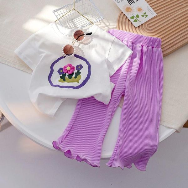 Set di abbigliamento 2024 Summer Baby Girl 2PCS Pantaloni Set di magliette a maniche corte in cotone Pantaloni a gamba a larga viola Abiti per ragazze per bambini