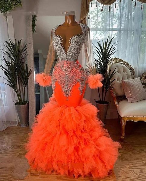 Partykleider funkelnd orange schwarzes Mädchen Prom 2024 Luxus Meerjungfrau Perlen Crystal Diamond Langarmes formelles Geburtstagsabend Gala -Kleid