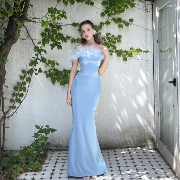 Partykleider Rosella Sky Blue Boat Hals Frauen Abend bodenlange Meerjungfrau Rüschen Ärmel Prom Kleid 2024