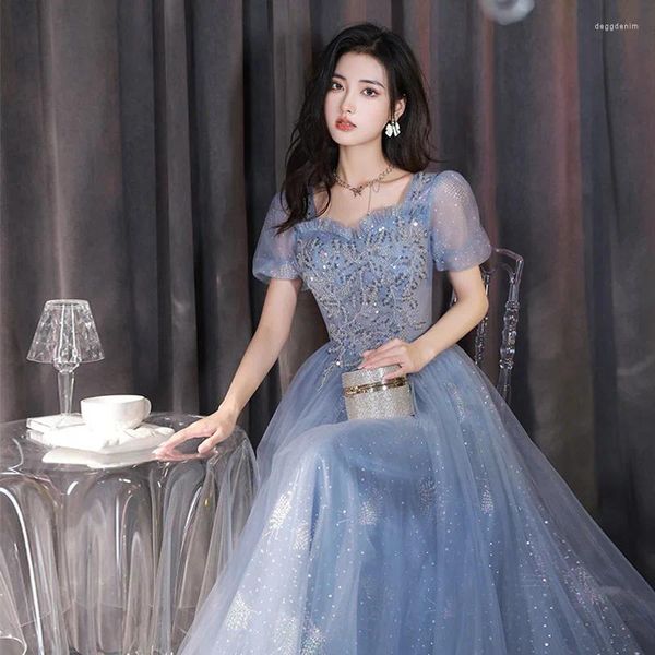 Partykleider Schweiß graublau, lange kurze Ärmel Frau Frauen Frauen Prinzessin Bankett Ball Prom Kleid Performance Kleid