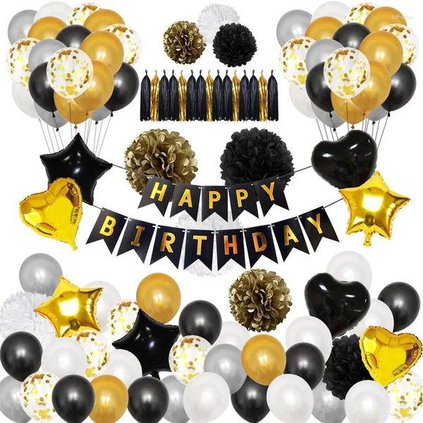 Decoração de festa 110 PCs /Definir decorações de aniversário Balloons Black Gold Gold Happy Banner Paper Pompoms Tassel