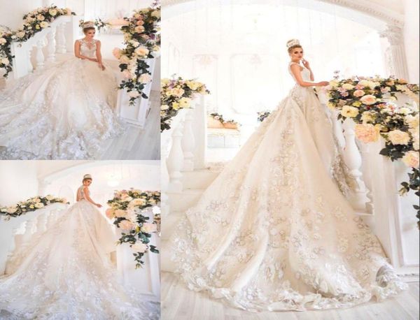 Arabia Saudita 3D Appliques floreali Abiti da sposa Abito da sposa in pizzo di gioiello in rilievo Dubai Princess Fancy Tulle Long Wedd3935522