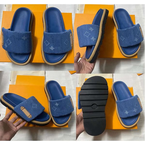 Travesseiro de piscina placa de mula de conforto plano piscina piscina piscina sandal 1acjvh azul jeans homem sandálias femininas sandálias de designers chinelos de praia letra sandal tamanho 35 -42