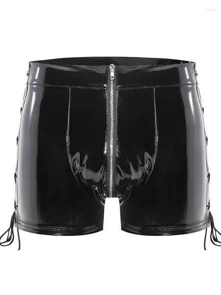 Shorts masculinos S-5xl Wet Look PVC Mens convexo bolsa zíper boxeadores de lanchone