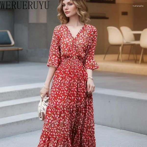 Lässige Kleider rote Blumenparty Lange Frauen Kleidung ausflammig ausgestattet Kurzarm Elegante Abend Vintage Mode Summer Chiffon Kleid 2024