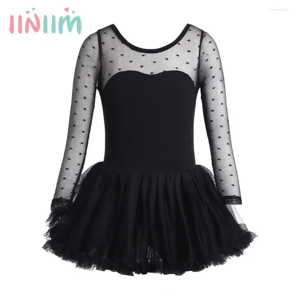 Vestidos de menina meninas adolescentes Ballet Tutu Dress Cotton Polka Dots Mesh mangas compridas dançarina collant performance fantasia Fancy