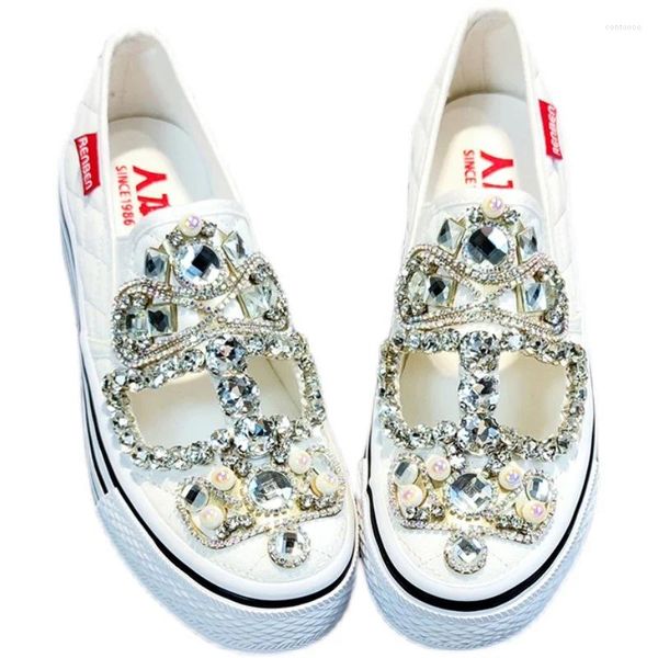 Scarpe casual design originale di lusso strass da donna sneaker da sposa bling cristalli svuotano tela bianca tennis piatto