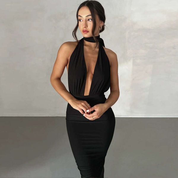 Roupas femininas de estilo europeu e americano 2023 Novo produto de verão Novo e sexy Deep V Transed Slit Vestido de fenda para estrangeiros comércio exterior