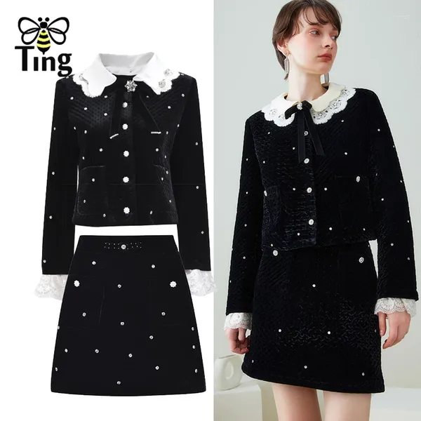 Arbeitskleider Tingfly Frauen hochwertige schwarze Farbe Kristall Samt Kleid Set Lady Chic Vintage Elegant 2 Stück Jacke n Mini -Shirts