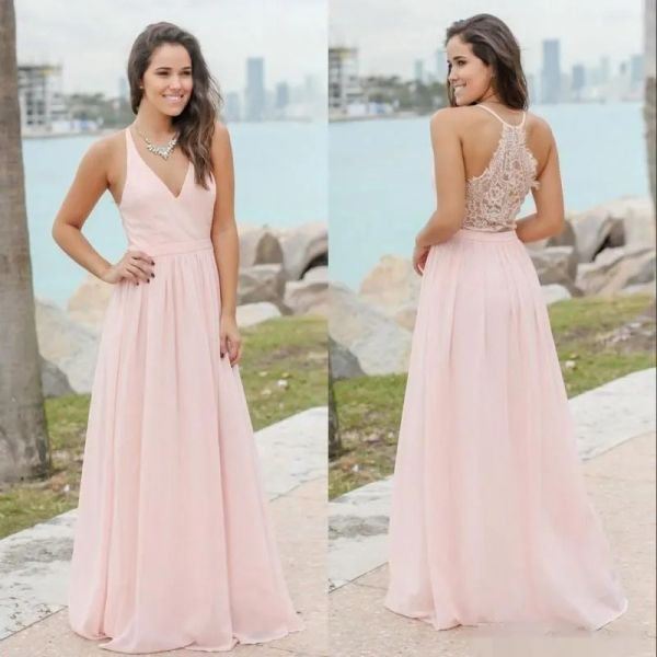 2024 semplici abiti rosa con damigella d'onore in chiffon pavimento in pizzo cameriera di onore indossa un abito da sera per gli ospiti per matrimoni di boho spiaggia su misura