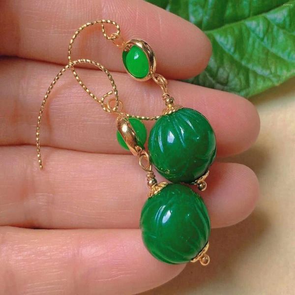 Dangle Ohrringe Fashion Green Round Hetian Jade Jadeit Beads Gold Unisex Edelstein Böhmian Brauttäglicher Jubiläum