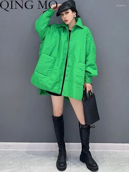 Женские траншевые пальто Qing Mo 2024 Осень зимняя повседневная сгущающаяся сплошная одежда хлопковая одежда Женская тенденция зеленого фиолетового черного прокладка