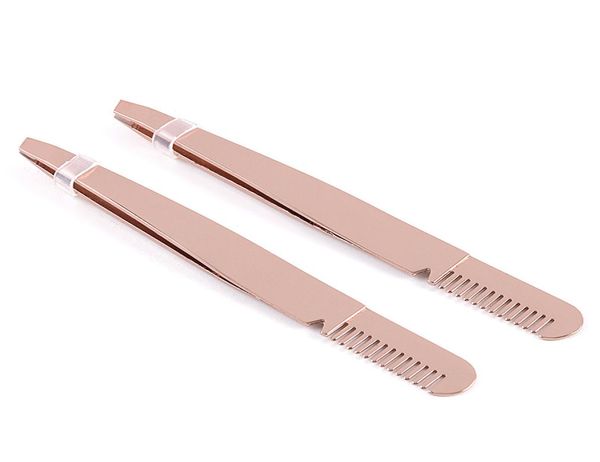 Hochwertiger Stahl schrägige Spitze Augenbrauen -Pinzetten mit Brauen Kamm Roségold Gesichtshaarentfernung Clip Brow Trimmer Make -up -Werkzeug Akzeptieren Sie LO4558743