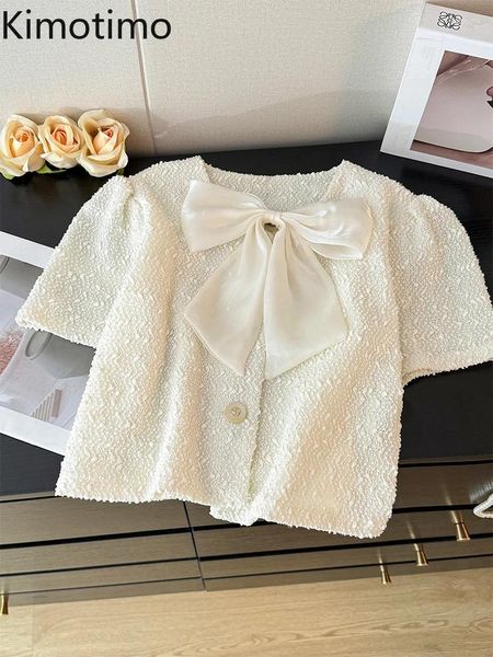 Damenblusen Kimotimo Bow Puff -Hülle Kurzhemd Frauen französische süße Slim -Pailletten Tweed Tops Mujer Summer Fashion Solid All Match Bluse