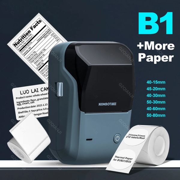 Niimbot B1 Etikett Drucker Tragbarer Handheld -Thermalhersteller Bluetooth Barcode QR Code Aufkleber Papierfarbe Farbrollen Labeller weiß Tag 240417