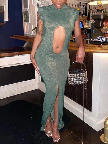 Lässige Kleider Frauen sexy hohl aus glänzendem Maxi Kleid 2024 Abend Grüne halbe Hals Ärmel und schlanke Split Club Party Kleidung