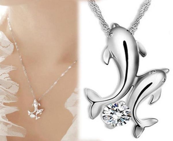 Anhänger Halsketten süße Delphin Halskette 925 Silber Doppel Delphin Strass kurzkettige Halskette Frauen Mode Schmuck PI2334583