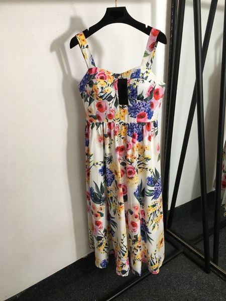 Designer de passarela Vestido de estampa floral de verão Spaghetti Strap Midi Vestres Midi