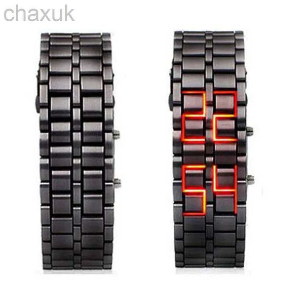 Armbanduhren fashion schwarz Full Metal Digital Lava Handgelenk Wache Red/Blue LED Display Mens Uhren Geschenke für männliche Jungen Sport kreativer Uhr D240417