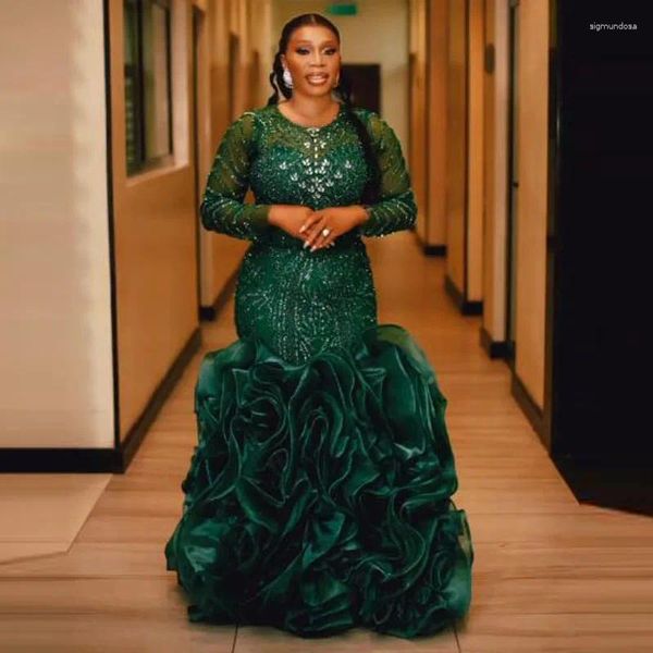 Vestidos de festa renda verde escuro mangas compridas bagunças de bagunça varejam o aso ebi vestidos de noite vestidos formais africanos