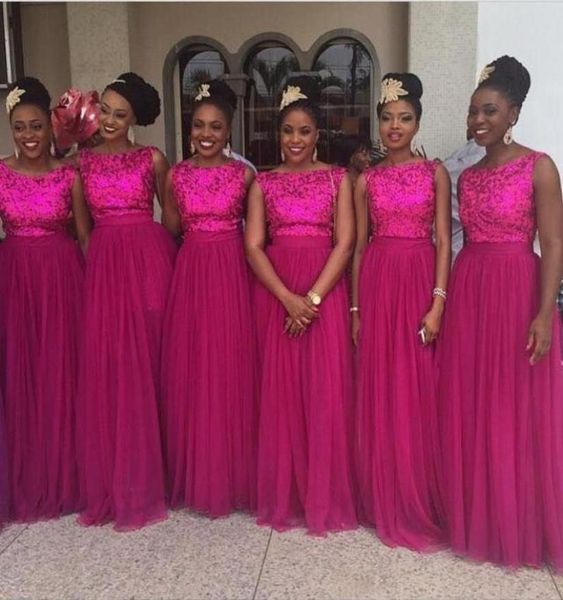 Lantejoulas nigerianas vestidos de dama de honra fuschia tule longa baile festas de casamento vestidos de convidado 2019 vestidos de noite africanos feitos de noite BAT7095584