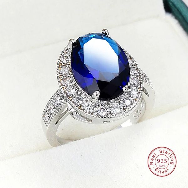 Feminina romântica 1 anel de pedra de zircão 925 prata esterlina azul AAA AAA Solitaire Promise Love Weanding Rings 240417